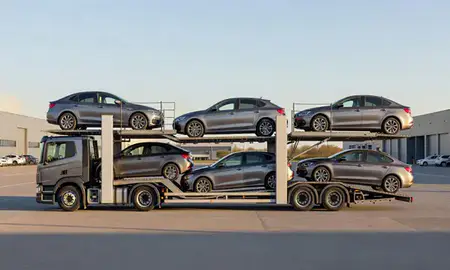Car transporter parked in an industrial area of Wolverhampton, West Midlands, United Kingdom