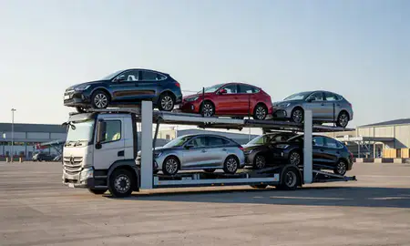 Car transporter loaded with vehicles in Wolverhampton, West Midlands, United Kingdom