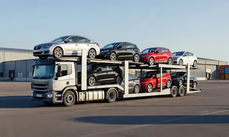 Car transporter loaded with vehicles in West Sussex, United Kingdom