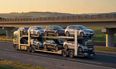 Car transporter with the West Sussex, United Kingdom skyline behind it