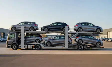 Car transporter parked in an industrial area of Bognor Regis, West Sussex, United Kingdom