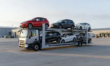 Car transporter loaded with vehicles in Bognor Regis, West Sussex, United Kingdom