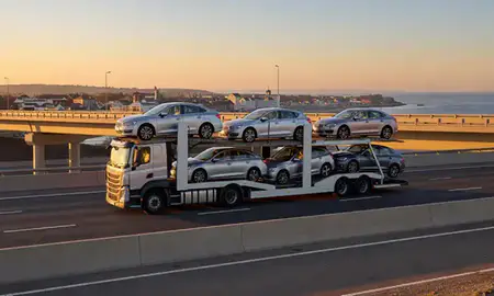 Car transporter with the Bognor Regis, West Sussex, United Kingdom skyline behind it