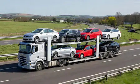 Multi-level car carrier on the motorway to Crawley, West Sussex, United Kingdom