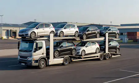 Car transporter loaded with vehicles in Crawley, West Sussex, United Kingdom