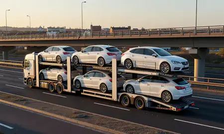 Car transporter with the Crawley, West Sussex, United Kingdom skyline behind it