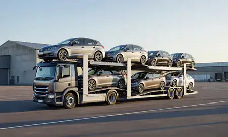 Car transporter loaded with vehicles in Haywards Heath, West Sussex, United Kingdom