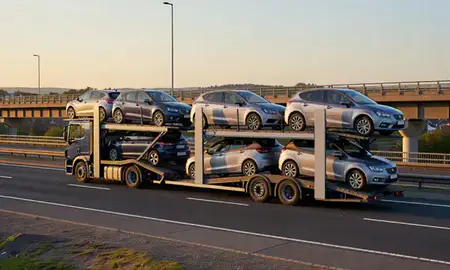 Car transporter with the Haywards Heath, West Sussex, United Kingdom skyline behind it