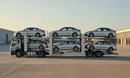 Car transporter parked in an industrial area of Horsham, West Sussex, United Kingdom