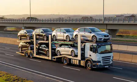 Car transporter with the Horsham, West Sussex, United Kingdom skyline behind it