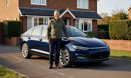Customer with their delivered car in Littlehampton, West Sussex, United Kingdom