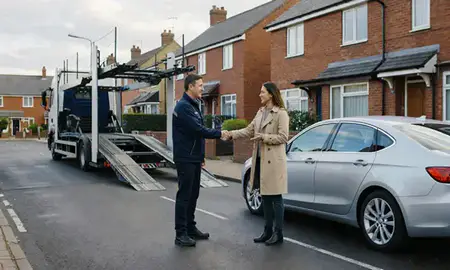 Vehicle owner beside their delivered car in Littlehampton, West Sussex, United Kingdom