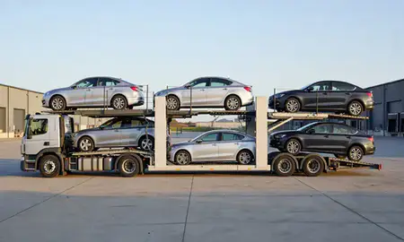 Car transporter parked in an industrial area of Littlehampton, West Sussex, United Kingdom