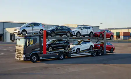 Car transporter loaded with vehicles in Littlehampton, West Sussex, United Kingdom