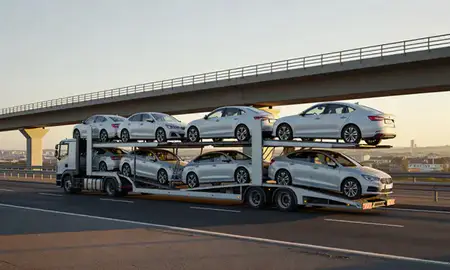 Car transporter with the Littlehampton, West Sussex, United Kingdom skyline behind it