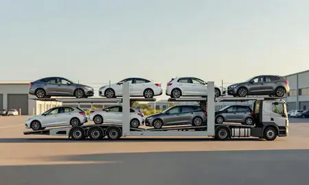 Car transporter parked in an industrial area of Shoreham-by-Sea, West Sussex, United Kingdom