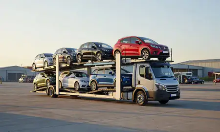 Car transporter loaded with vehicles in Shoreham-by-Sea, West Sussex, United Kingdom
