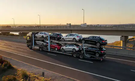 Car transporter with the Shoreham-by-Sea, West Sussex, United Kingdom skyline behind it
