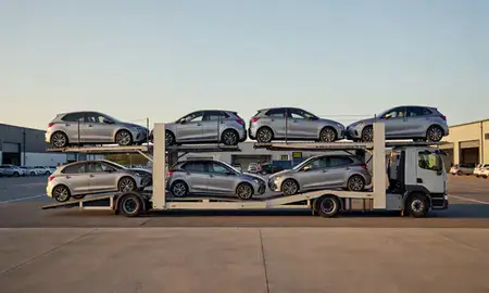 Car transporter parked in an industrial area of Worthing, West Sussex, United Kingdom