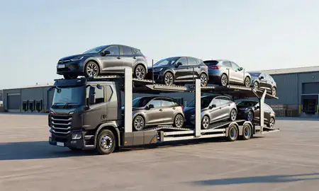 Car transporter loaded with vehicles in Worthing, West Sussex, United Kingdom