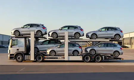 Car transporter parked in an industrial area of West Yorkshire, United Kingdom
