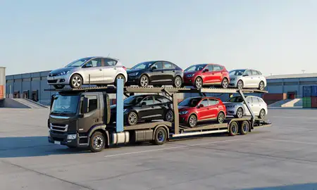 Car transporter loaded with vehicles in West Yorkshire, United Kingdom