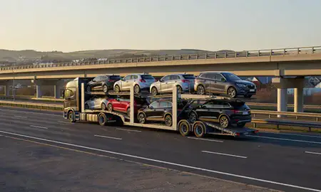 Car transporter with the West Yorkshire, United Kingdom skyline behind it