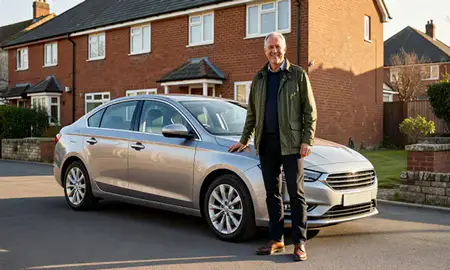 Customer with their delivered car in Batley, West Yorkshire, United Kingdom