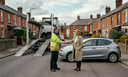 Vehicle owner beside their delivered car in Batley, West Yorkshire, United Kingdom