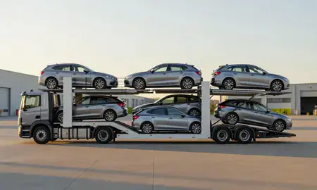 Car transporter parked in an industrial area of Batley, West Yorkshire, United Kingdom