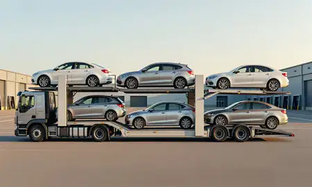 Car transporter parked in an industrial area of Bradford, West Yorkshire, United Kingdom