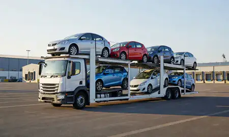 Car transporter loaded with vehicles in Bradford, West Yorkshire, United Kingdom