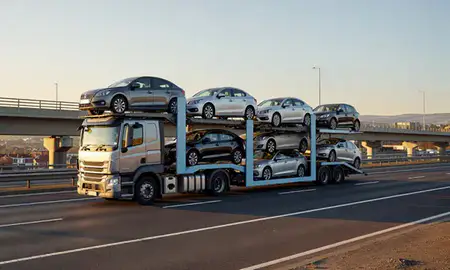 Car transporter with the Bradford, West Yorkshire, United Kingdom skyline behind it
