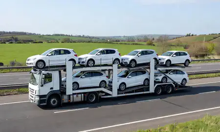 Multi-level car carrier on the motorway to Castleford, West Yorkshire, United Kingdom