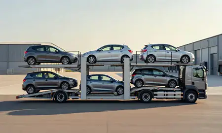 Car transporter parked in an industrial area of Castleford, West Yorkshire, United Kingdom