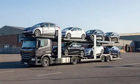 Car transporter loaded with vehicles in Castleford, West Yorkshire, United Kingdom