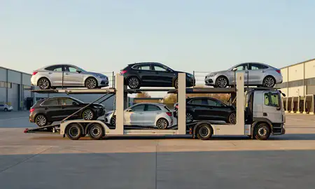 Car transporter parked in an industrial area of Dewsbury, West Yorkshire, United Kingdom