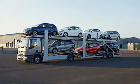 Car transporter loaded with vehicles in Dewsbury, West Yorkshire, United Kingdom