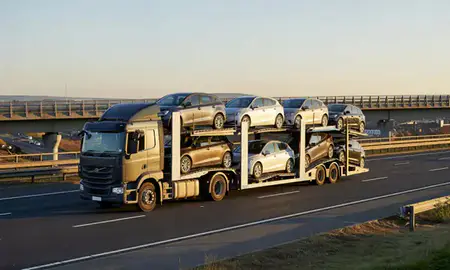 Car transporter with the Dewsbury, West Yorkshire, United Kingdom skyline behind it
