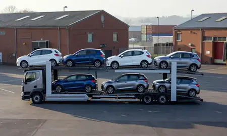 Car transporter loaded with vehicles in Halifax, West Yorkshire, United Kingdom
