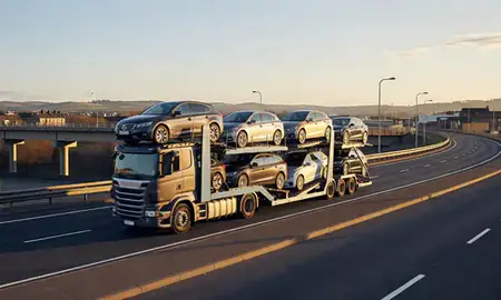 Car transporter with the Halifax, West Yorkshire, United Kingdom skyline behind it