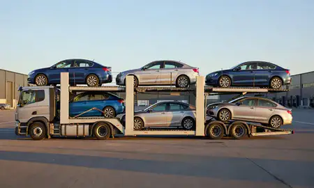 Car transporter parked in an industrial area of Huddersfield, West Yorkshire, United Kingdom