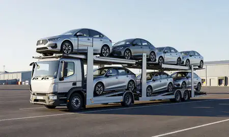 Car transporter loaded with vehicles in Huddersfield, West Yorkshire, United Kingdom
