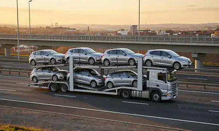 Car transporter with the Huddersfield, West Yorkshire, United Kingdom skyline behind it