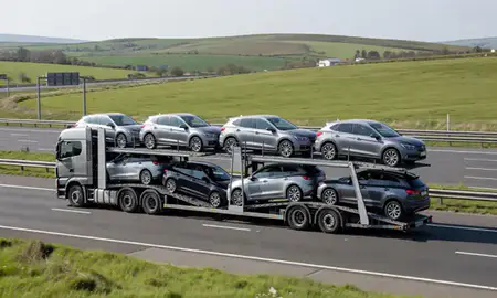 Multi-level car carrier on the motorway to Keighley, West Yorkshire, United Kingdom
