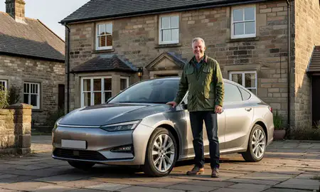 Customer with their delivered car in Keighley, West Yorkshire, United Kingdom