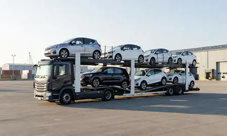Car transporter loaded with vehicles in Keighley, West Yorkshire, United Kingdom