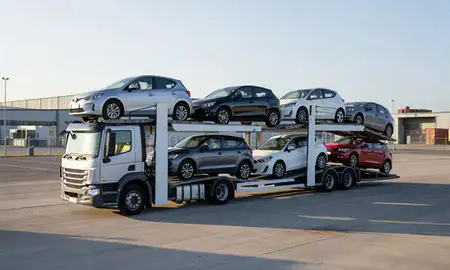 Car transporter loaded with vehicles in Leeds, West Yorkshire, United Kingdom