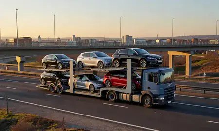 Car transporter with the Leeds, West Yorkshire, United Kingdom skyline behind it