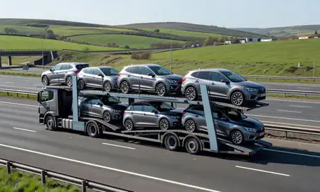 Multi-level car carrier on the motorway to Wakefield, West Yorkshire, United Kingdom